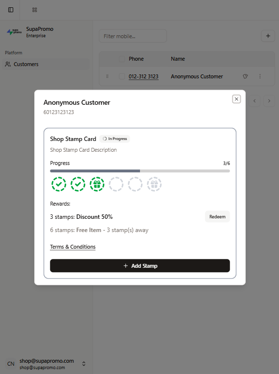 Tablet view of stamp card app